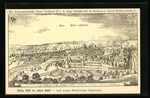 Künstler-AK Schw. Hall, Gesamtansicht im Jahre 1643, nach Merian