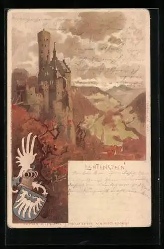 Künstler-AK Honau, Die Burg Lichtenstein, Wappen mit Ritterhelm