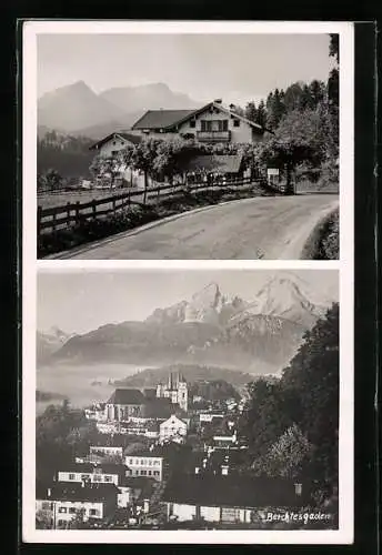 AK Berchtesgaden, Gasthaus zur schönen Aussicht, Ortsansicht gegen die Berge