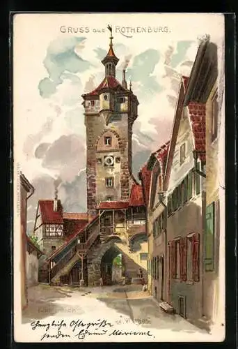 Lithographie Rothenburg / Tauber, Ortsansicht mit Klingerthor