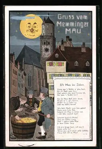 AK Memmingen, Vollmond über der Stadt, Dr. Mau im Zuber