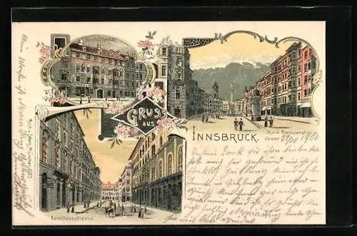 Lithographie Innsbruck, Landhausstrasse, Maria Theresienstrasse und Palais Offenthal