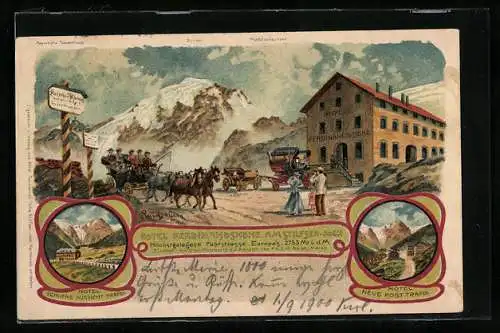 Künstler-AK F.A.C.M. Reisch: Trafoi, Hotel Schöne Aussicht, Hotel Neue Post, Hotel Ferdinandshöhe am Stilfser-Joch