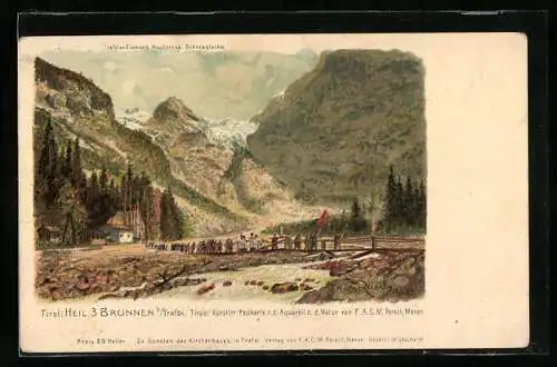 Künstler-AK F.A.C.M. Reisch: Heil. 3 Brunnen bei Trafoi, Prozession vor Kulisse mit Schneeglocke und Nashornspitze