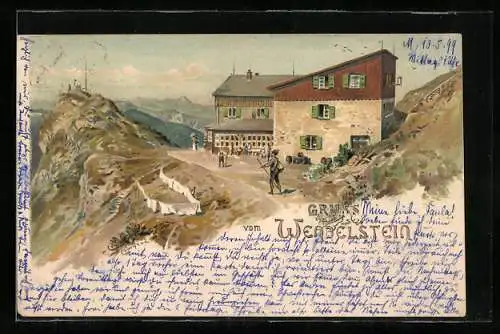 Künstler-AK Edward Theodore Compton: Wendelsteinhaus, Berghütte mit Panorama