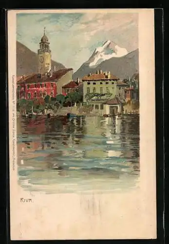 Künstler-AK Zeno Diemer: Riva, Ortspartie vom Wasser aus, mit Bergblick