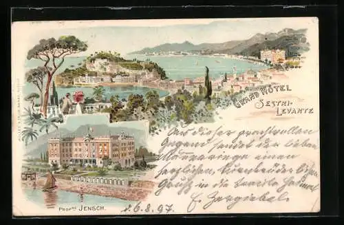 Lithographie Sestri-Levante, Grand Hotel, Prop. Jensch