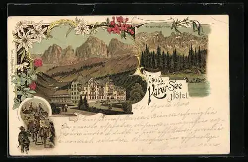 Lithographie Karersee, Ortsansicht mit Lattemar und Karersee Hotel