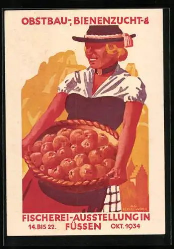 Künstler-AK Füssen, Obstbau-, Bienenzucht- & Fischerei-Ausstellung 14.-22.10.1934
