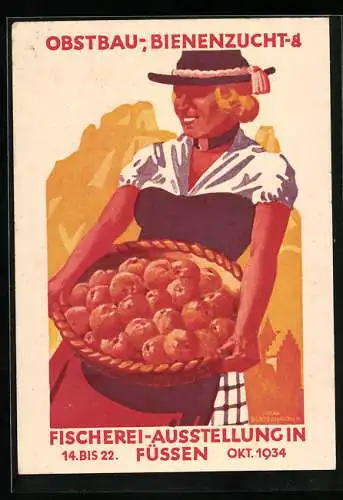Künstler-AK Füssen, Obstbau-, Bienenzucht- & Fischerei-Ausstellung 14.-22.10.1934, Obstbäuerin