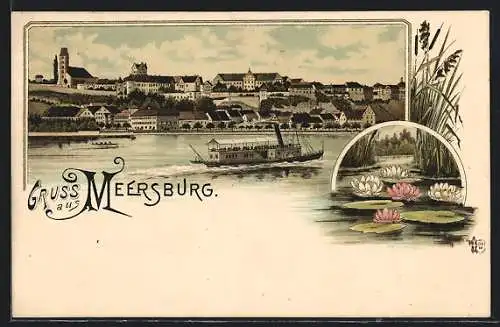 Lithographie Meersburg, Teilansicht mit Dampfer, Seerosen