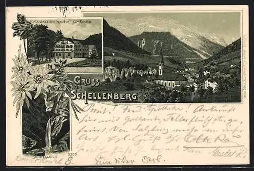 Lithographie Schellenberg / Obb., Gasthof Zur Forelle, Almbachklamm, Teilansicht