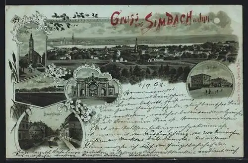 Mondschein-Lithographie Simbach a. Inn, Pfarr-Kirche, Bahnhof, Hauptstrasse