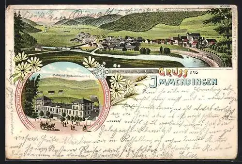 Lithographie Immendingen, Totale mit Zimmern und Bahnhof