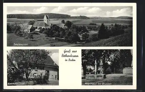 AK Betenbrunn in Baden, Gasthaus Linde, Pfarrhaus mit Brunnen, Totalansicht