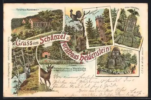 Lithographie Edenkoben, Gasthaus Schänzel & Forsthaus Heldenstein, Pfau-Denkmal