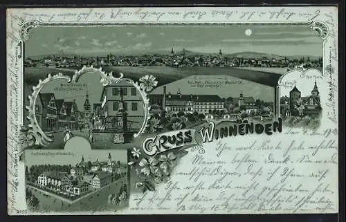Mondschein-Lithographie Winnenden, Paulinenpflege Winnenden, Marktbrunnen und Hauptstrasse, Diebstturm und Tor-Turm