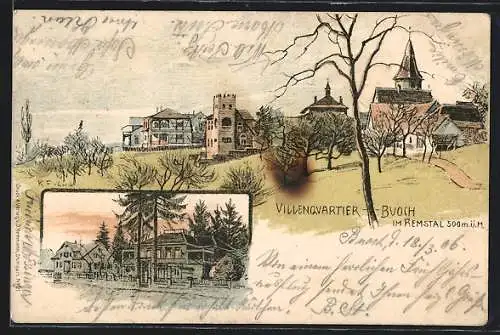 Lithographie Buoch im Remstal, Blick auf das Villenviertel