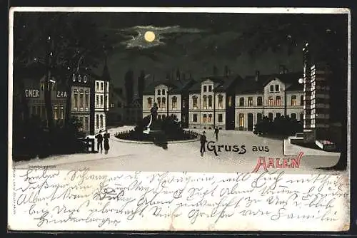 Lithographie Aalen, Strassenpartie mit Denkmal bei Mondschein