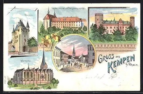 Lithographie Kempen a. Rhein, Museum, Pfarrkirche, Gymnasium