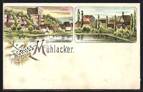 Lithographie Mühlacker, Teilansicht mit Runie, Ortspartie