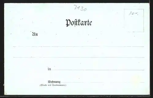 Lithographie Mühlacker, Teilansicht mit Runie, Ortspartie