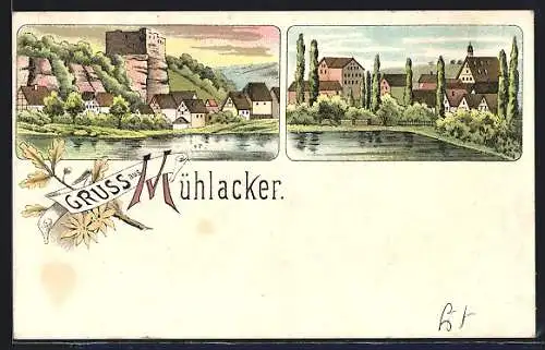 Lithographie Mühlacker, Teilansicht mit Runie, Ortspartie