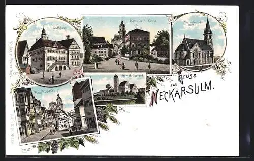 Lithographie Neckarsulm, Rathaus, Hauptstrasse, Königl. Oberamt