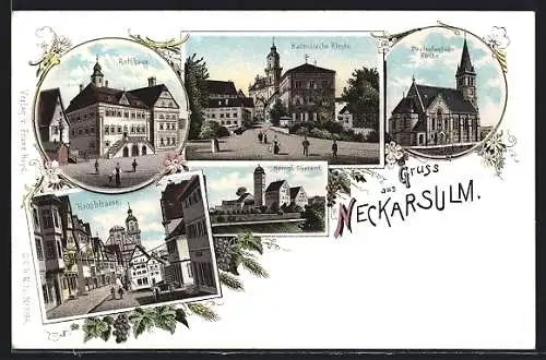 Lithographie Neckarsulm, Rathaus, Königliches Oberamt, Katholische Kirche