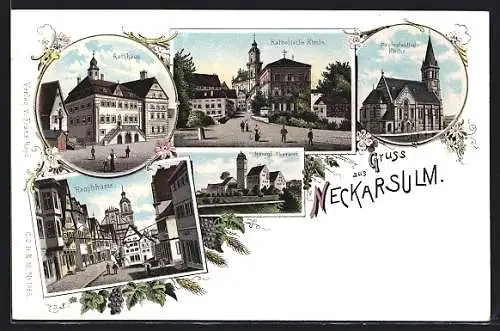 Lithographie Neckarsulm, Rathaus, Hauptstrasse, Königl. Oberamt