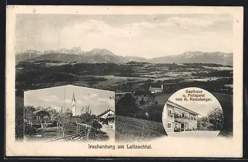 AK Irschenberg, Panorama, Kirche, Gasthaus & Metzgerei von A. Ramsberger