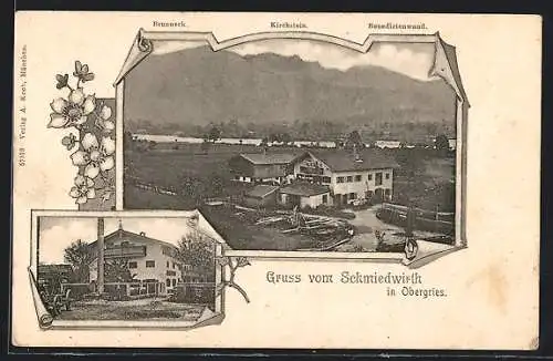 AK Obergries / Lenggries, Gasthaus Schmiedwirt, Ortspartie mit Kirchstein, Brunneck und Benedictenwand