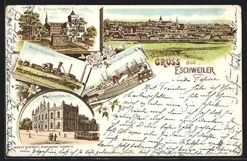 Lithographie Eschweiler, Grube Eschweiler, Schützenhalle mit Strassenbahn, Eisenhütte Phönix