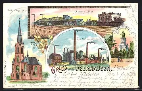 Lithographie Oberhausen / Rheinland, Bahnhof und Post, Gute Hoffnungshütte, Kirche