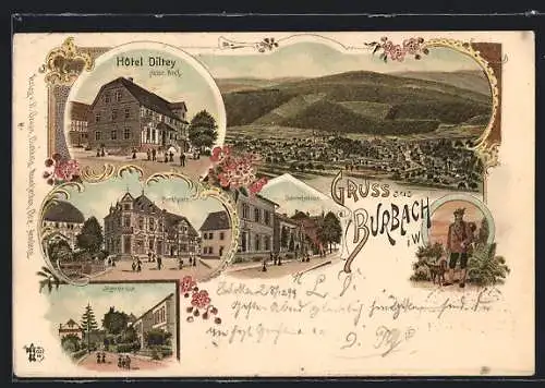 Lithographie Burbach / Westerwald, Hotel Dilley, Marktplatz, Jägerstrasse