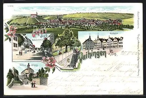 Lithographie Vaihingen / Enz, Bahnhofstrasse, Marktplatz, Löberts-Brunnen