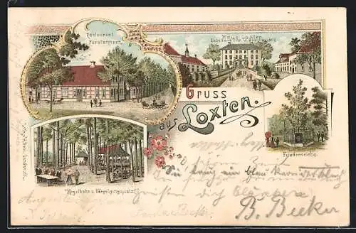 Lithographie Loxten / Nortrup, Restaurant Fenstermann mit Kegelbahn und Vergnügungsplatz, Haus Loxten u. Friedenseiche