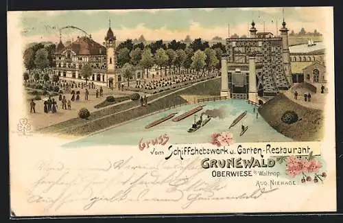 Lithographie Waltrop-Oberwiese, Schiffshebewerk und Restaurant Grunewald