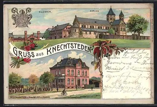 Lithographie Knechtsteden, Restaurant v. Witwe Otto Pingen, Kloster & Kirche