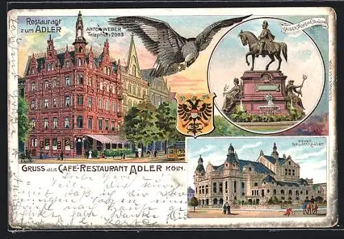 Lithographie Köln-Neustadt, Restaurant zum Adler, Neues Stadttheater, Kaiser Wilhelm-Denkmal