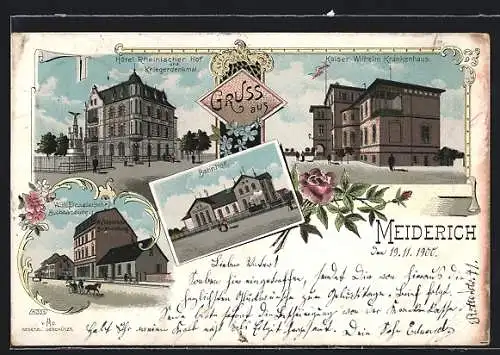 Lithographie Duisburg-Meiderich, Hotel Rheinischer Hof, Kaiser Wilhelm Krankenhaus