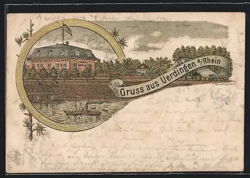 Lithographie Uerdingen a. Rhein, Restaurant Kellner, Inhaber Hermes