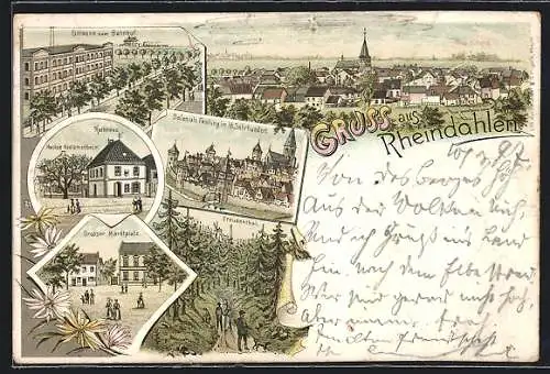 Lithographie Rheindahlen, Strasse zum Bahnhof, Rathaus und Kastanienbaum, Grosser Marktplatz