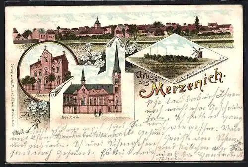 Lithographie Merzenich, Pfarrhaus, Neue Kirche, Schützenplatz & frühere Windmühle, Ortsansicht