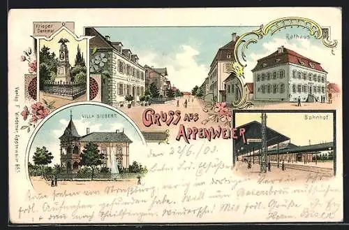 Lithographie Appenweier, Gasthaus Villa Siebert, Bahnhof mit Passagieren, Kriegerdenkmal