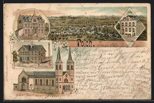 Lithographie Polch, Molkerei, Bürgermeisteramt, Kirche, Postamt um 1900