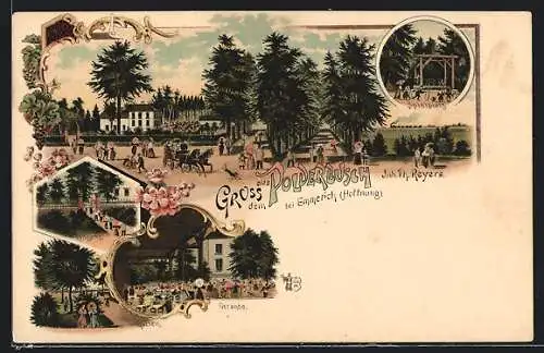 Lithographie Emmerich, Gasthof Polderbusch, Inh. Th. Reyers, mit Veranda, Spielplatz und den Gärten