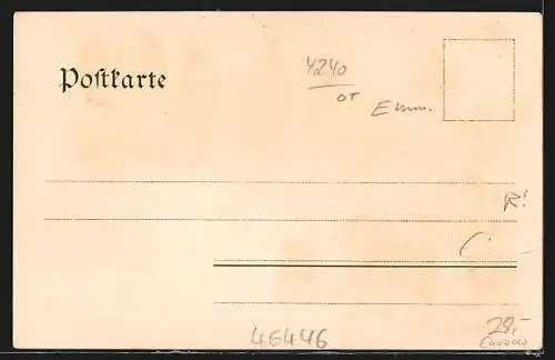 Lithographie Emmerich, Gasthof Polderbusch, Inh. Th. Reyers, mit Veranda, Spielplatz und den Gärten