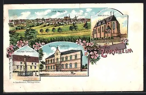 Lithographie Zornheim, Schulhaus, Kriegerdenkmal, Katholische Kirche, Panorama