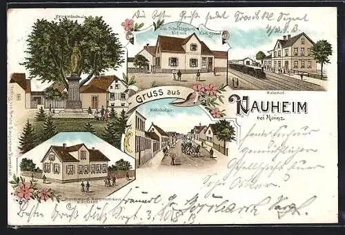 Lithographie Nauheim / Mainz, Bahnhof, Gasthaus zum Schwäbischen Hof, Grossherzogliche Bürgermeisterei und Postamt